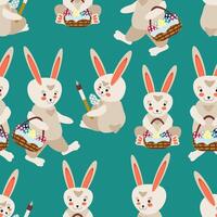 Seamless easter pattern easter bunnies with baskets of colorful eggs vector