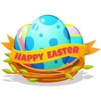 Easter colorful decorated eggs in bird nest for your greeting card, stickers, invitations and many other designs. illustration in flat cartoon style vector