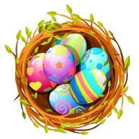 Easter colorful eggs in bird nest for your greeting card, stickers, invitations and many other designs. illustration in flat cartoon style vector