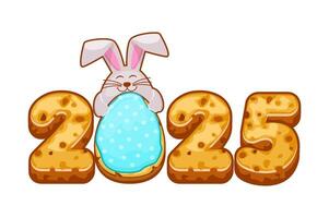 Gingerbread cookie numerals 2025 and bunny for your greeting card, stickers, invitations and many other designs. Sweet biscuit number and rabbit. Happy Easter. vector