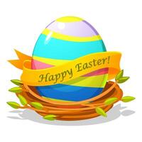 Easter egg in bird nest for your greeting card, stickers, invitations and many other designs. illustration in flat cartoon style vector