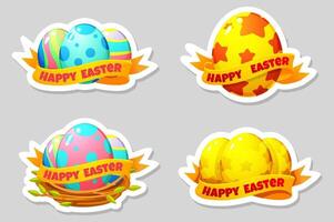 Set of Easter eggs stickers in bird nest for your greeting card, stickers, invitations and many other designs. illustration in flat cartoon style vector