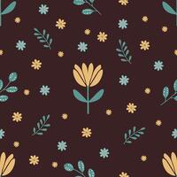 Seamless spring pattern with yellow tulips, daisies and green twigs on a dark brown background vector