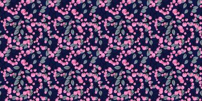 Abstract artistic branches with pink berries and leaves intertwined in a seamless pattern. Stylized juniper, boxwood, viburnum, dogwood barberry print. Botanical illustration on a dark background. vector