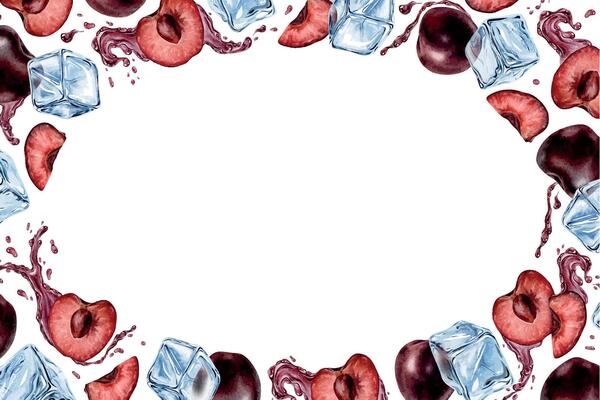 Fame of Cherry berries, Ice cubes, splashes, droplet. Isolated Hand drawn watercolor template of Sweet Cherry fruits with dynamic liquid red juice. Background for Chilled drinks, packaging of goods