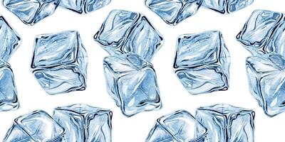 Semi transparent blue Ice cubes. Isolated hand drawn watercolor seamless surface pattern design of Freezing crystal Frozen water. Background for menu, packaging of goods, print for wrapping paper vector