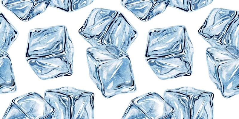 Semi transparent blue Ice cubes. Isolated hand drawn watercolor seamless surface pattern design of Freezing crystal Frozen water. Background for menu, packaging of goods, print for wrapping paper