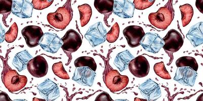 Whole, Slice Cherry berries, Ice cubes, dynamic liquid red juice. Watercolor seamless surface pattern design of Sweet Cherry fruits. Background for Chilled drinks, packaging of goods, tableware vector