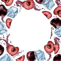 Whole, Slice Cherry berries, Ice cubes, splashes, droplets. Isolated Hand drawn watercolor frame of Sweet Cherry fruits with dynamic liquid red juice. Background for Chilled drinks, packaging of goods vector