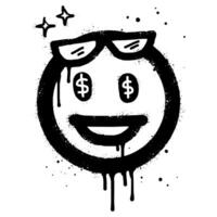 Smiling face emoticon character with sunglasses with dollar eyes. Spray painted graffiti smile face in black over white. isolated on white background vector