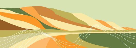 Flat design landscape background with line art, mountains, sea, and hills. creative minimalist modern art print. use for print art, poster, cover, banner vector