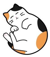 A sticker of a fat calico cat who curls up and sleeps peacefully, enjoying the tranquility, white background, cartoon style. vector