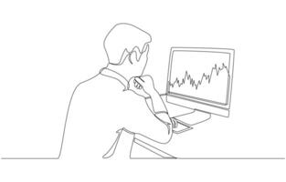 Continuous one line drawing of businessman looking at stock chart on monitor, stock investment concept, single line art vector