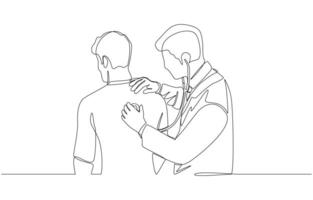 Continuous one line drawing of doctor using stethoscope to check lung function on back of patient, medical checkup, lung auscultation concept, single line art vector