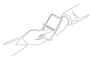 Continuous one line drawing of seller holding smartphone to let customer rate star, customer feedback, providing sales service review concept, single line art vector