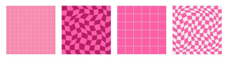 Groovy seamless pattern set in pink colors. Trendy retro 60s 70s style cards, posters, backgrounds vector