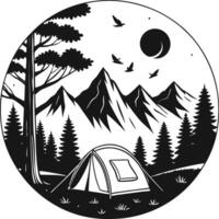 Circular Black and White Camping Scene with Tent, Mountains and Full Moon vector