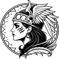 Norse Valkyrie Profile with Winged Helmet and Raven Wings in Black and White vector