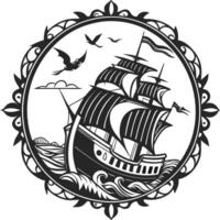 Vintage Nautical Illustration of Tall Ship in Circular Frame with Ocean Waves and Seagulls vector