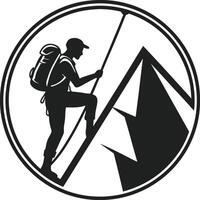 Circular Logo with Hiker Silhouette and Mountain Peak in Black and White vector