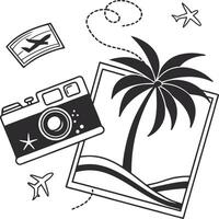 Vintage Travel Illustration with Retro Camera, Palm Tree, Airplane and Open Book vector