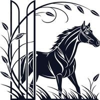 Stylized Horse Silhouette with Tall Reeds Black and White Woodcut Design vector