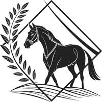 Black Horse Silhouette with Geometric Frame and Laurel Branch Art vector