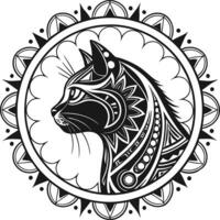 Intricate Cat Portrait with Mandala Frame Black and White Zentangle Art vector