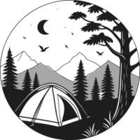 Circular Monochrome Camping Scene with Tent and Mountain Landscape in Minimalist Style vector