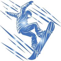 Stylized Snowboarder Silhouette in Dynamic Action Pose with Blue and White Color Scheme vector