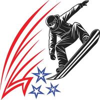 Stylized Snowboarder Illustration in Dynamic Motion with Red Swoosh Lines and Blue Stars vector