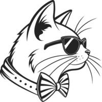 Cool Cat with Sunglasses, Bowtie and Collar in Black and White Illustration vector