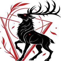Majestic Stag Silhouette with Red Geometric Triangles and Feather Motif vector
