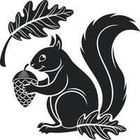 Black and White Squirrel Silhouette with Acorn and Oak Leaves in Stylized Wildlife Art vector