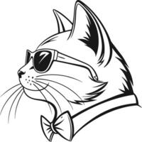 Cool Cat Illustration in Black and White Line Art Wearing Sunglasses and Bow Tie vector