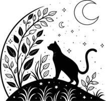 Cat Silhouette with Crescent Moon, Stars and Botanical Elements in Mystical Night Scene vector