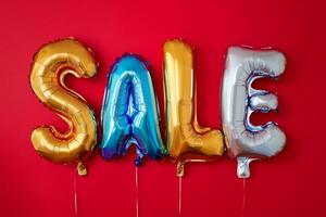 Sale colorful word, foil balloon word on red background. photo