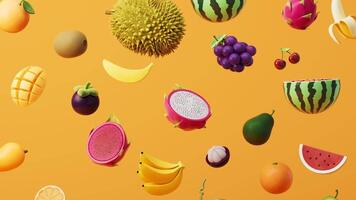 A variety of colorful fruits, rich in vitamins and nutrients, 3d rendering. video