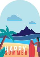 a man with a surfboard on the beach with the words happy summer vector
