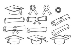 Set of graduation cap, diploma, and award ribbon. Black and white outline illustrations isolated on a white background. Education and academic achievement icons for design and print. vector