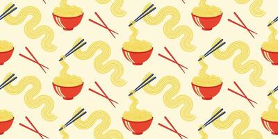 Pattern of Bowl Noodles and Chopsticks. Seamless pattern of ramen noodles with chopsticks lifting noodles from red bowl. For wallpaper, fabric, wrapping paper. vector