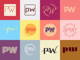 PW logo company template. Letter p and w logotype. Set different classic serif lettering and modern bold text with design elements. Initial font typography. vector