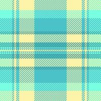 Crease plaid fabric tartan, tough textile background pattern. Ragged texture seamless check in cyan and yellow colors. vector