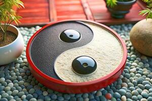 Yin Yang sign. Interiors with indoor flowers, with pebbles on the floor photo