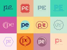 PE logo company template. Letter p and e logotype. Set different classic serif lettering and modern bold text with design elements. Initial font typography. vector