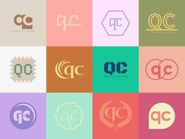 QC logo company template. Letter q and c logotype. Set different classic serif lettering and modern bold text with design elements. Initial font typography. vector