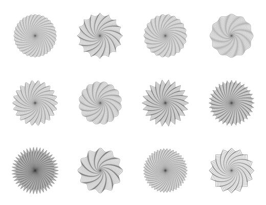 Money watermark, geometric round guilloches. Spirograph patterns and borders set illustration.