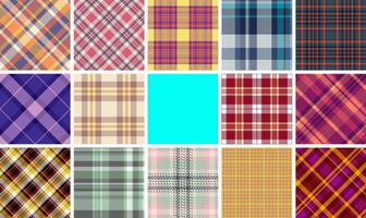Collection of 15 vibrant plaid patterns, perfect for textile design, fashion, and web backgrounds. Diverse color palettes and styles offer versatility for various projects. vector