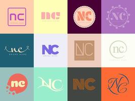 NC logo company template. Letter n and c logotype. Set different classic serif lettering and modern bold text with design elements. Initial font typography. vector