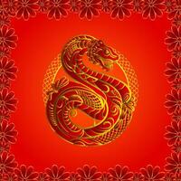 Chinese zodiac sign snake on red background with flowers vector